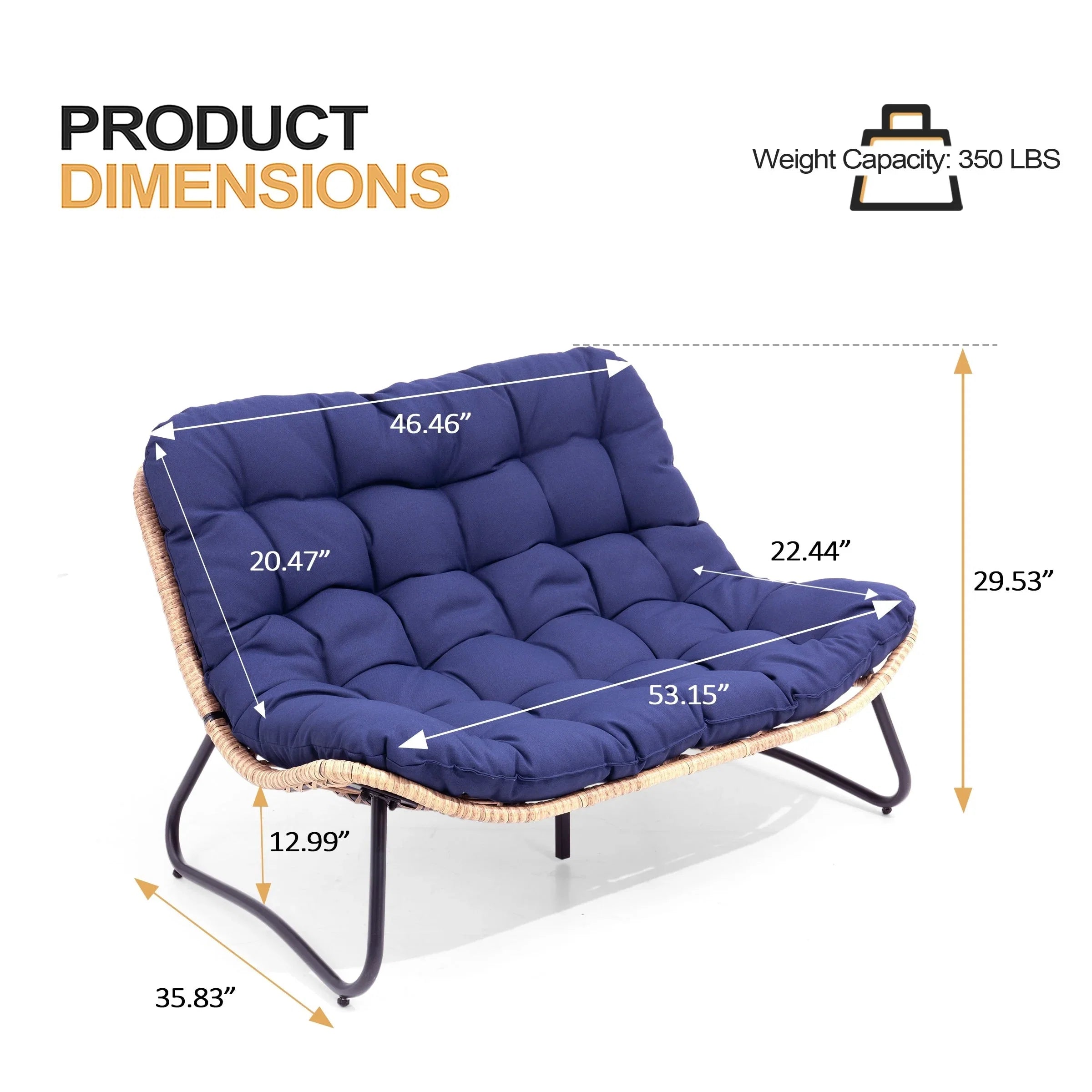 Causeuse double Papasan avec coussin, rotin PE tout temps et cadre en métal pour l'intérieur et l'extérieur