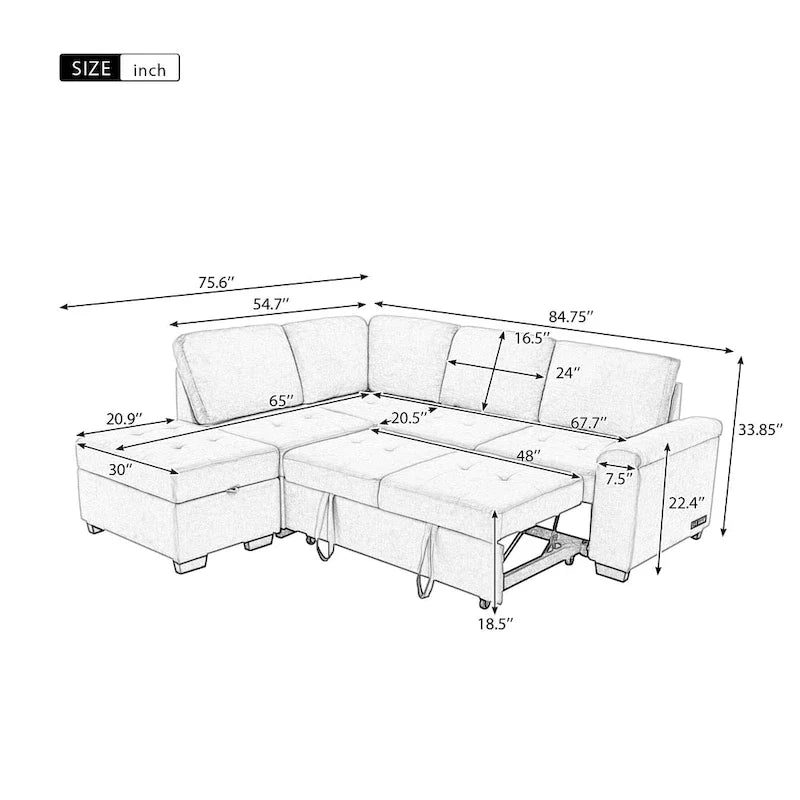 Canapé d'angle convertible 5 places en L 84,75 po avec pouf de rangement, rangement de bras dissimulé et chargement USB pour salon