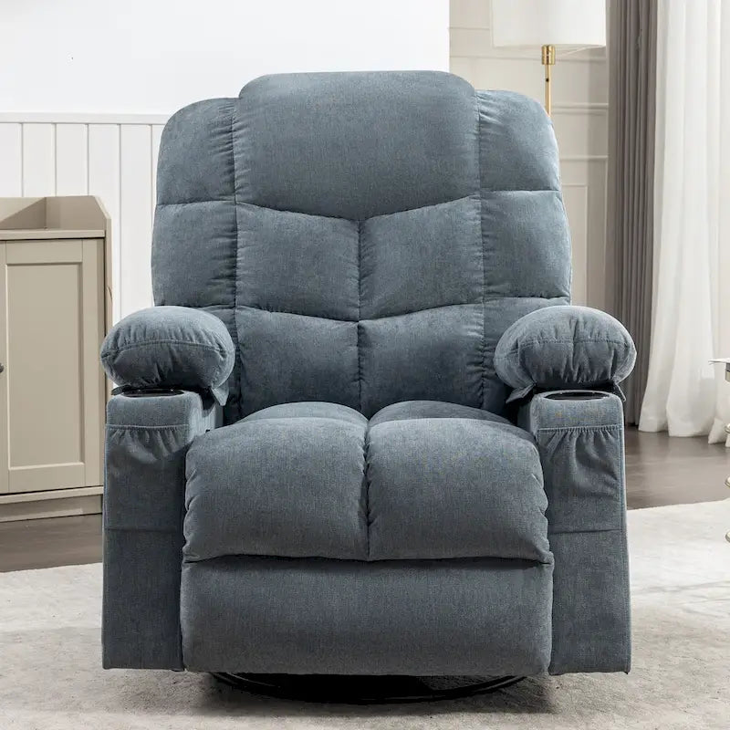 Fauteuil inclinable gris surdimensionné avec fonctions de chauffage et de massage, inclinaison à 150°, bascule à 30°, port USB pour la recharge et 2 porte-gobelets