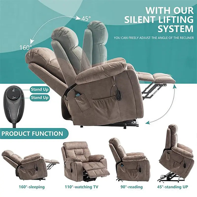 Grand fauteuil inclinable de massage électrique avec fonction de levage, chauffage et porte-gobelet dissimulé