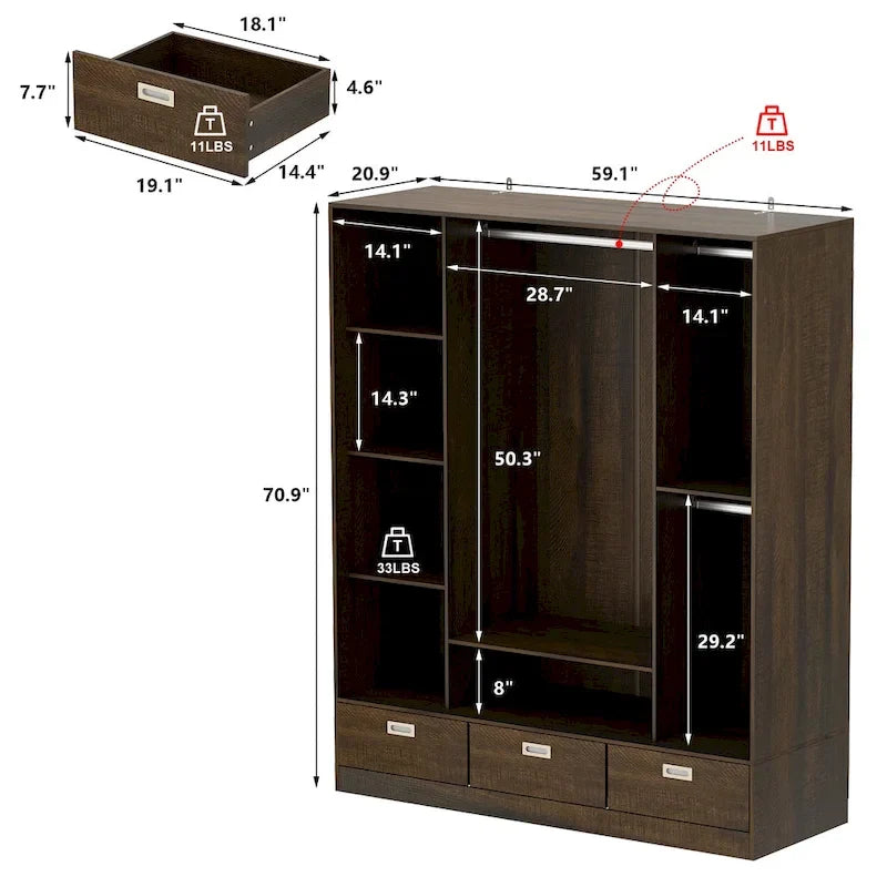 Armoire-penderie marron avec tiroirs, tringle et 4 portes coulissantes