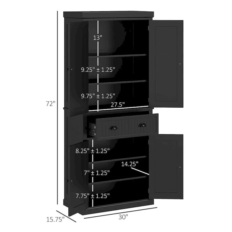 Meuble de rangement de cuisine autoportant traditionnel de 72 pouces avec 4 portes et 3 étagères réglables, grand tiroir central