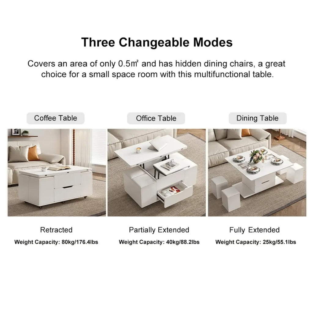 Table basse relevable pliable avec 4 tabourets et rangement