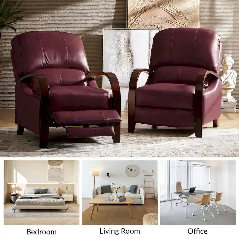 Fauteuil inclinable manuel Alex Mid-century Modern Cigar en cuir véritable avec accoudoirs incurvés en bois