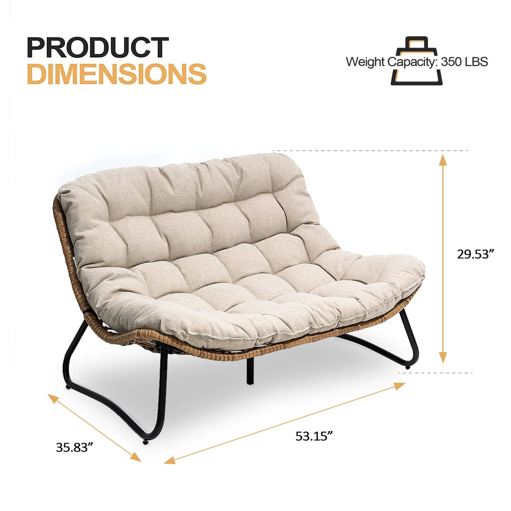 Causeuse double Papasan avec coussin, rotin PE tout temps et cadre en métal pour l'intérieur et l'extérieur