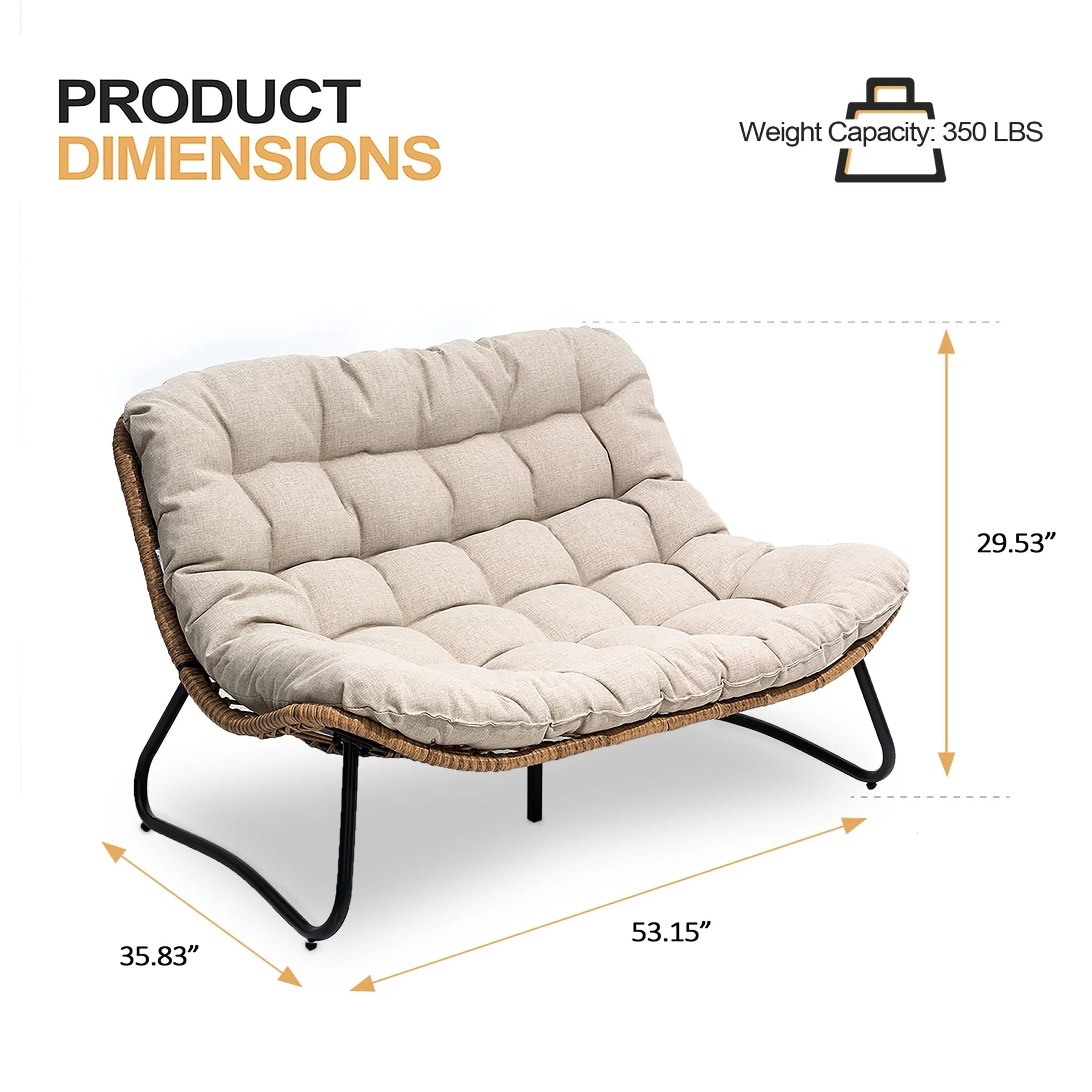 Causeuse double Papasan avec coussin, rotin PE tout temps et cadre en métal pour l'intérieur et l'extérieur
