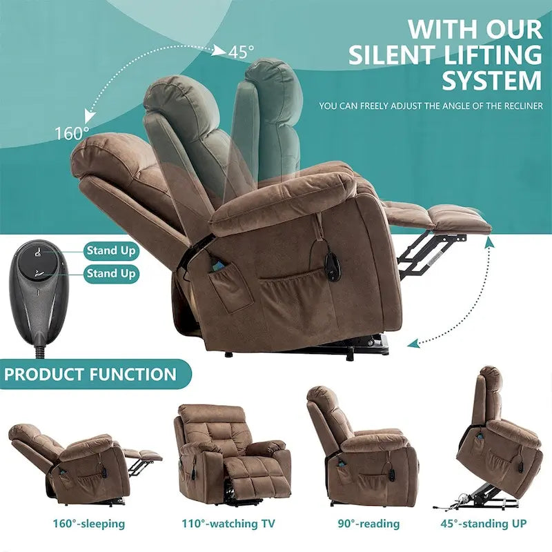 Grand fauteuil inclinable de massage électrique avec fonction de levage, chauffage et porte-gobelet dissimulé