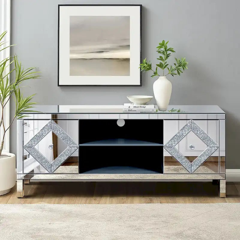 Meuble TV de 150 cm avec portes miroir en losange et rangement pour téléviseurs jusqu'à 65 pouces