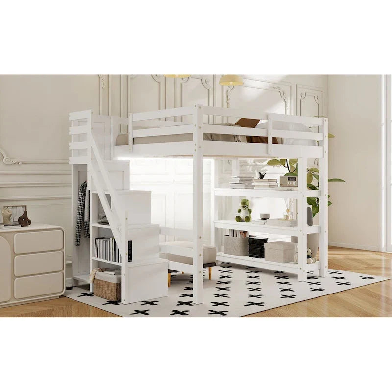 Lit mezzanine simple/double avec escalier de rangement - Étagères, armoire et lumière LED, design peu encombrant