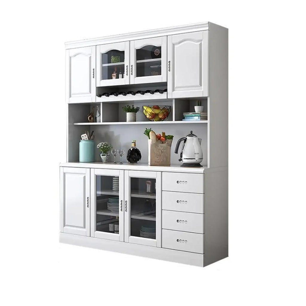 Buffet de cuisine en bois blanc avec casier à vin intégré