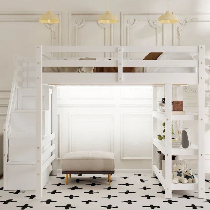 Lit mezzanine simple/double avec escalier de rangement - Étagères, armoire et lumière LED, design peu encombrant
