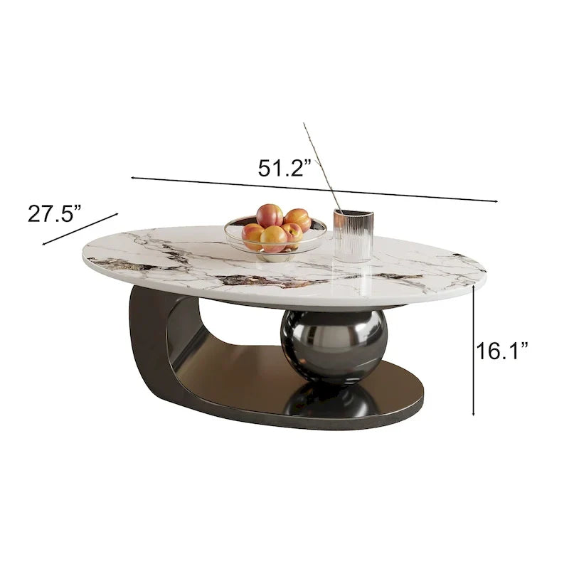 Table basse ovale moderne Pandora 51 avec plateau en pierre frittée brillante, table basse de luxe, pieds en acier inoxydable pour salon