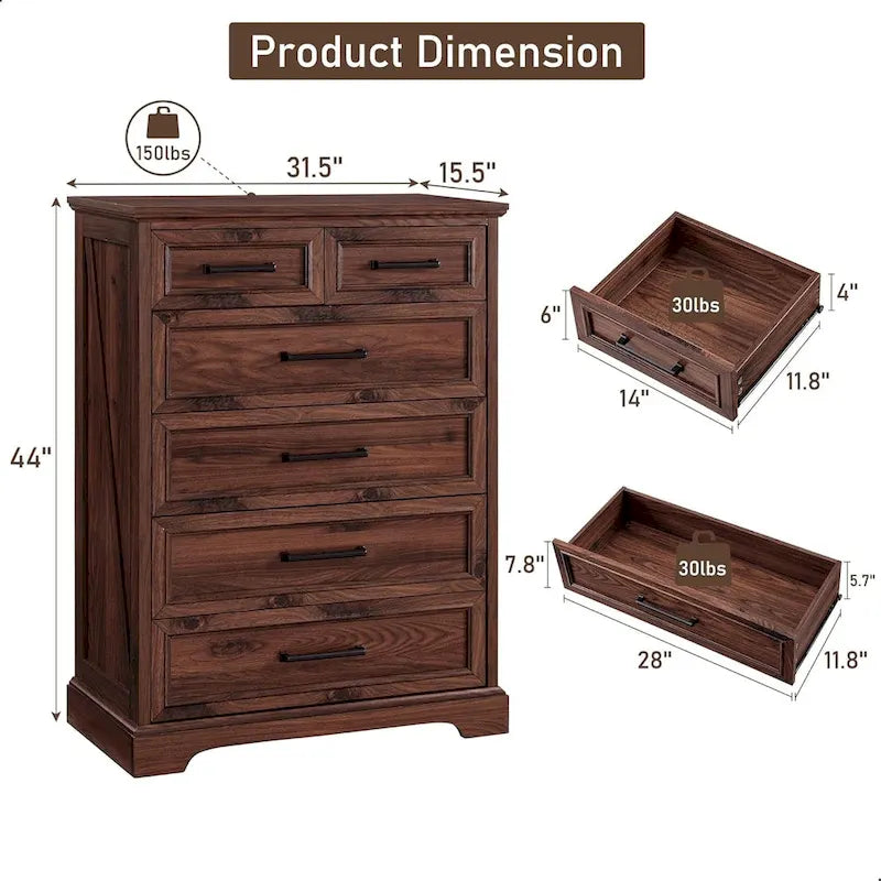 Commode de style rustique de ferme à 6 tiroirs, en bois