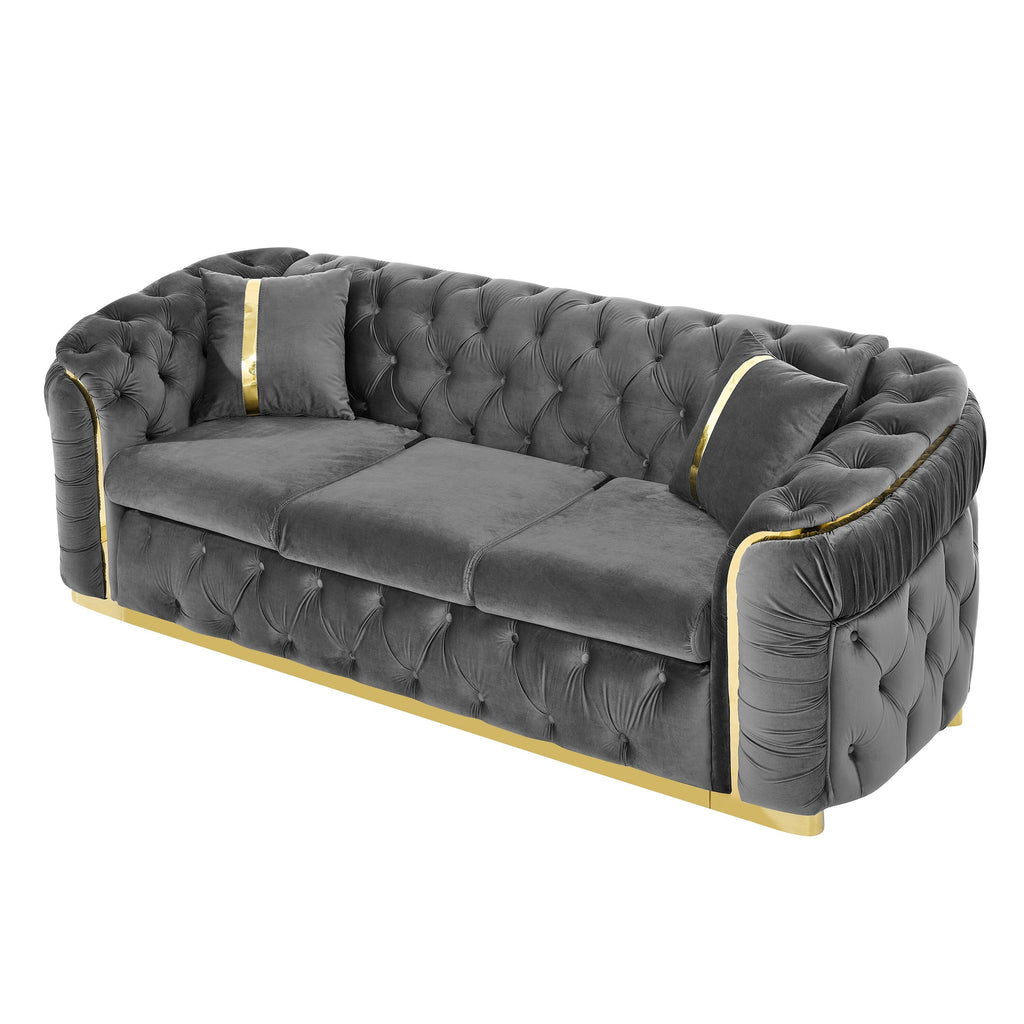 Canapé 3 places Velvet 90,6 po avec 2 oreillers, coussins haute densité, accents dorés et oreillers