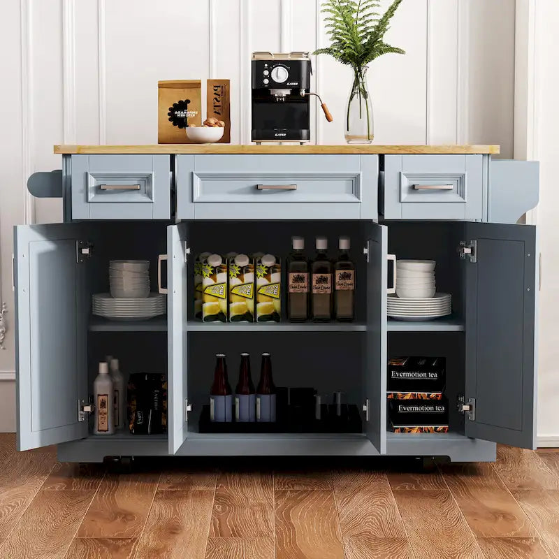 54 Grand îlot de cuisine avec plateau rabattable en bois d'hévéa, chariot de cuisine roulant à texture gaufrée sur 4 roues avec 4 portes et 3 tiroirs