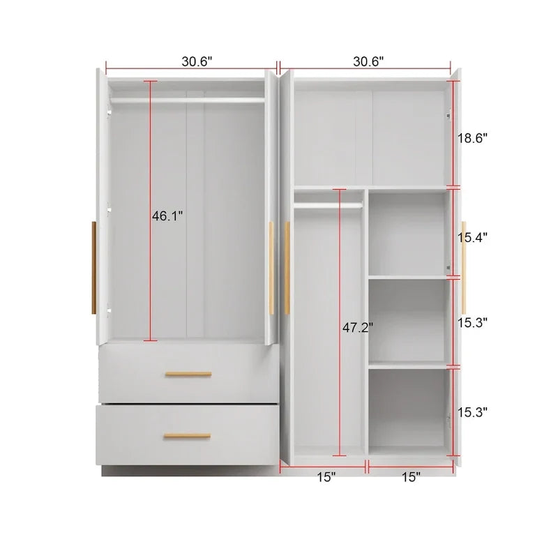 Armoire penderie autoportante de 63 pouces de large avec tiroirs