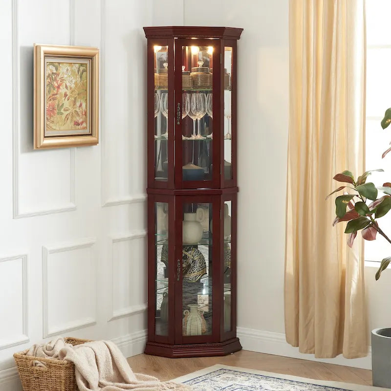 Vitrine d'angle avec éclairage, étagères réglables en verre trempé, fond miroir, meuble vitrine