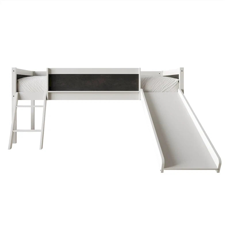 Lit mezzanine bas classique double CraftPorch avec tableau noir, toboggan et échelle