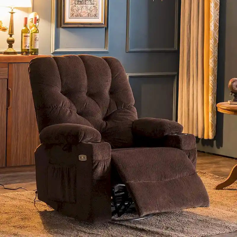Fauteuil inclinable, pivotant et coulissant électrique avec porte-gobelets et ports USB, en tissu, une place