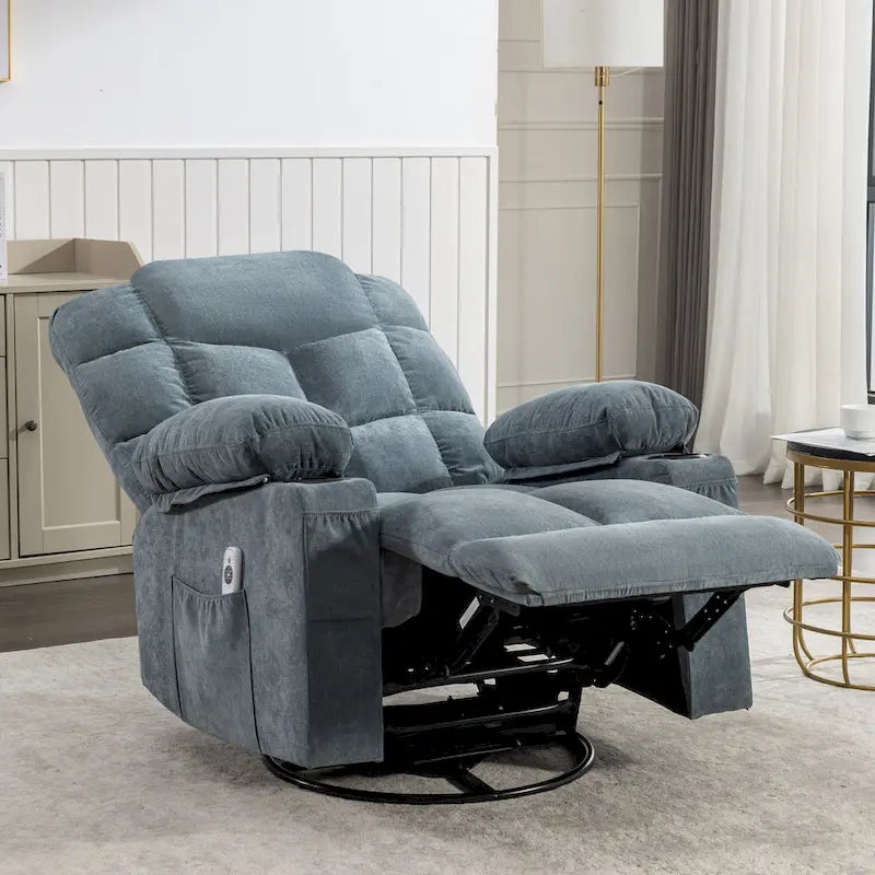 Fauteuil inclinable gris surdimensionné avec fonctions de chauffage et de massage, inclinaison à 150°, bascule à 30°, port USB pour la recharge et 2 porte-gobelets