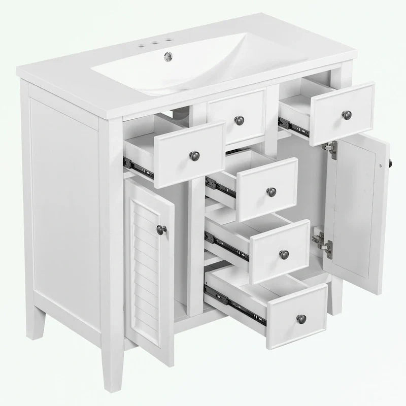 Meuble-lavabo avec vasque en céramique, deux placards et cinq tiroirs