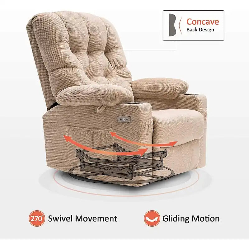 Fauteuil inclinable, pivotant et coulissant électrique avec porte-gobelets et ports USB, en tissu, une place