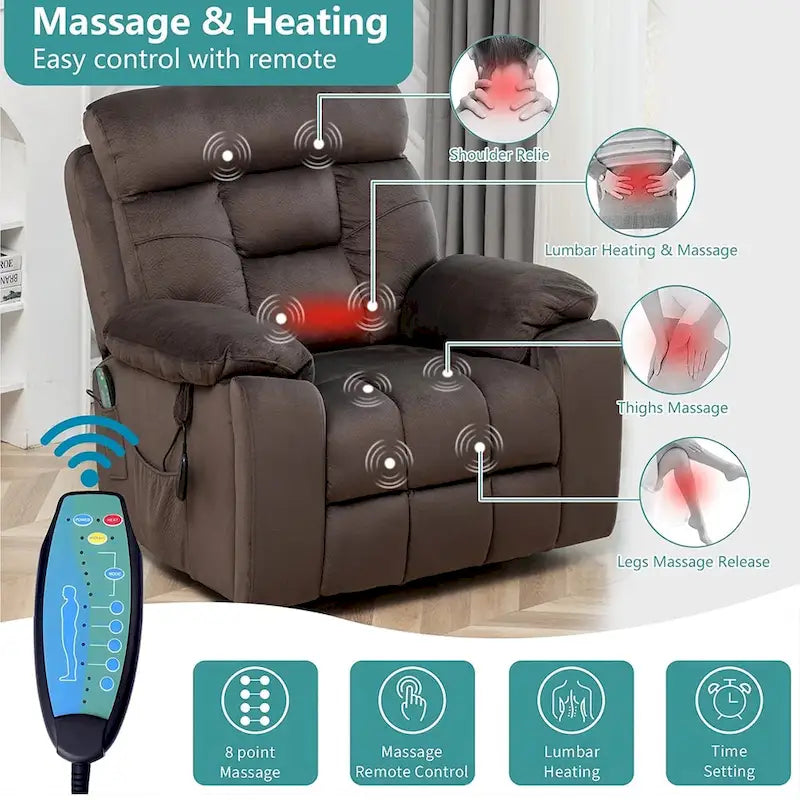 Grand fauteuil inclinable de massage électrique avec fonction de levage, chauffage et porte-gobelet dissimulé