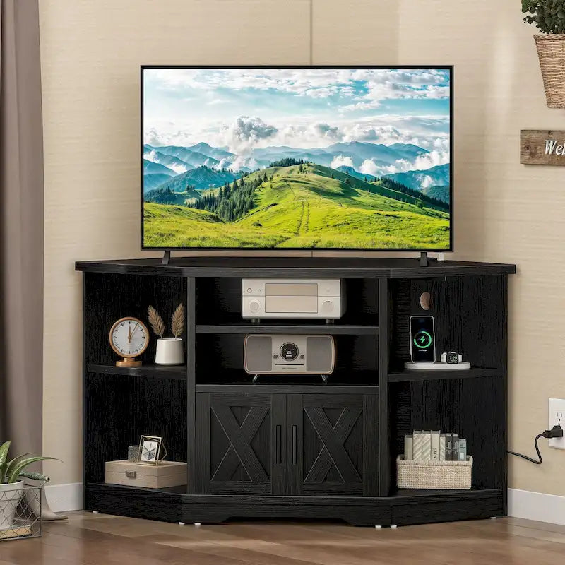 Meuble TV d'angle de ferme, meuble multimédia avec prise de courant pour téléviseurs jusqu'à 55 pouces