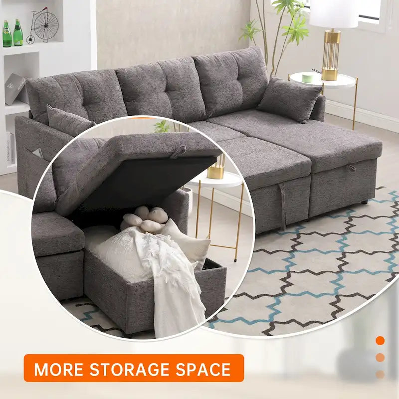 Canapé d'angle réversible en velours côtelé/chenille avec chaise longue de rangement et poche latérale