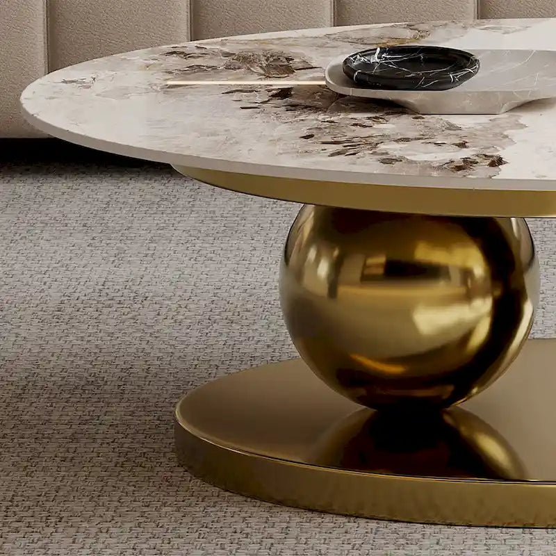 Table basse ovale moderne Pandora 51 avec plateau en pierre frittée brillante, table basse de luxe, pieds en acier inoxydable pour salon