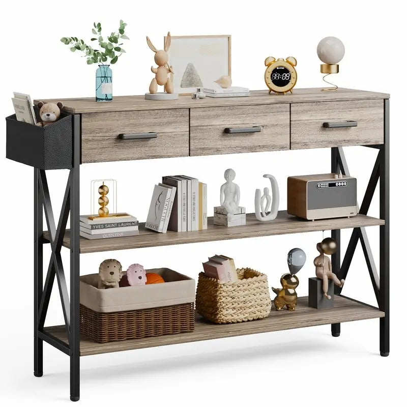 Console avec 3 tiroirs, table de canapé d'entrée avec 3 étagères de rangement