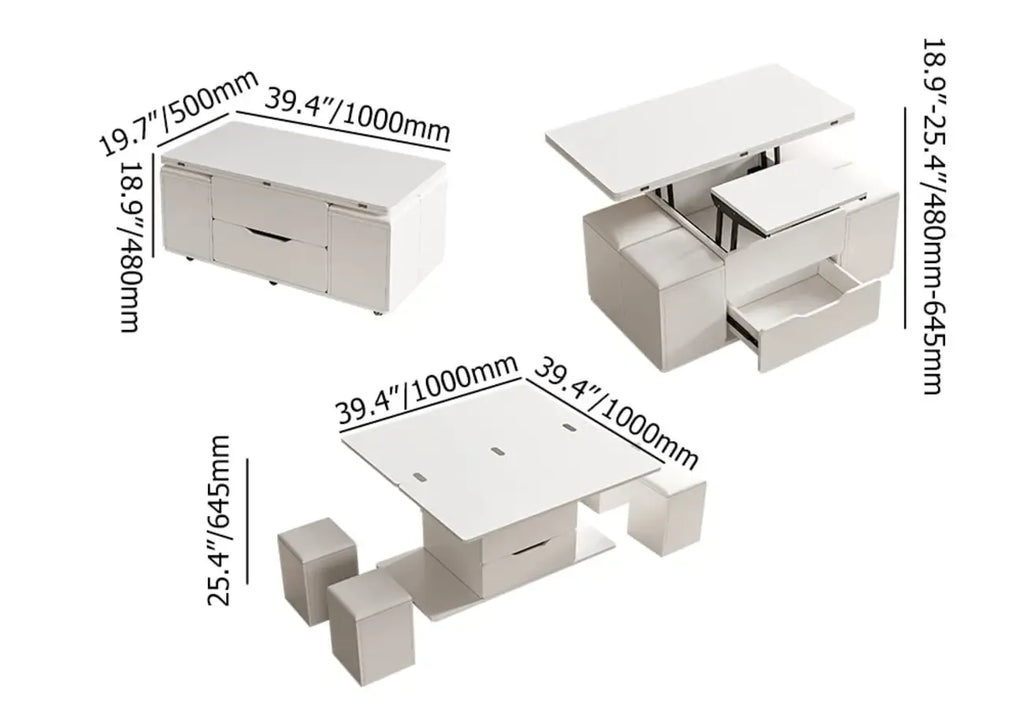 Table basse relevable pliable avec 4 tabourets et rangement