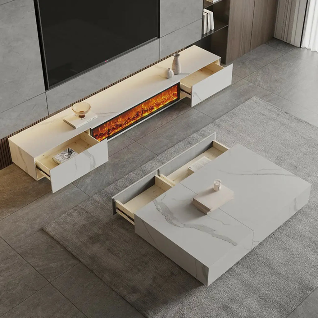 Meuble TV en pierre avec cheminée électrique noire et lumière, 87 cm de large