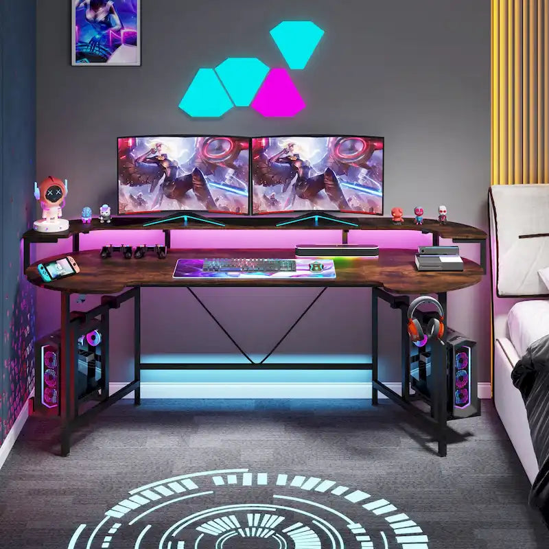 Bureau de gaming avec étagère pour moniteur, bureau d'ordinateur de 75 pouces avec bande LED