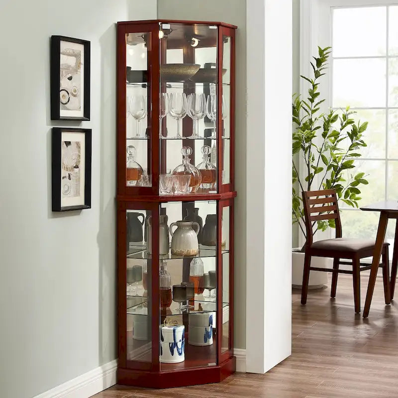 Vitrine d'angle à 6 étagères avec lumières, miroirs et étagères réglables, merisier