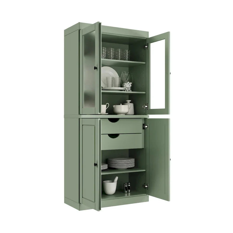 Meuble de rangement en bois massif avec portes en verre dépoli, portes pleines, 2 tiroirs et étagères réglables