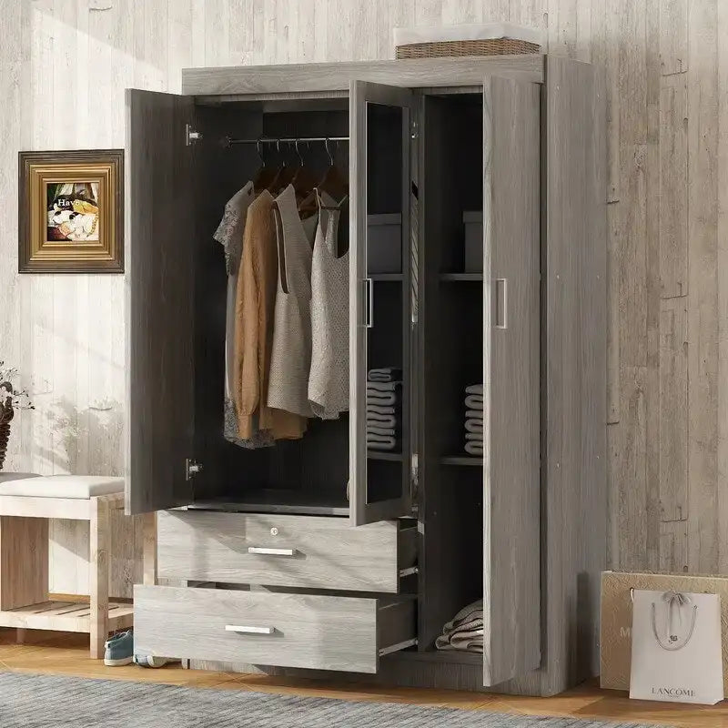 Armoire penderie 3 portes avec miroirs, étagères et 2 tiroirs