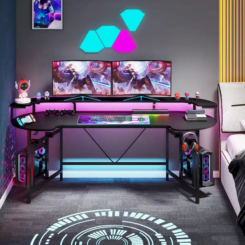 Bureau de gaming avec étagère pour moniteur, bureau d'ordinateur de 75 pouces avec bande LED
