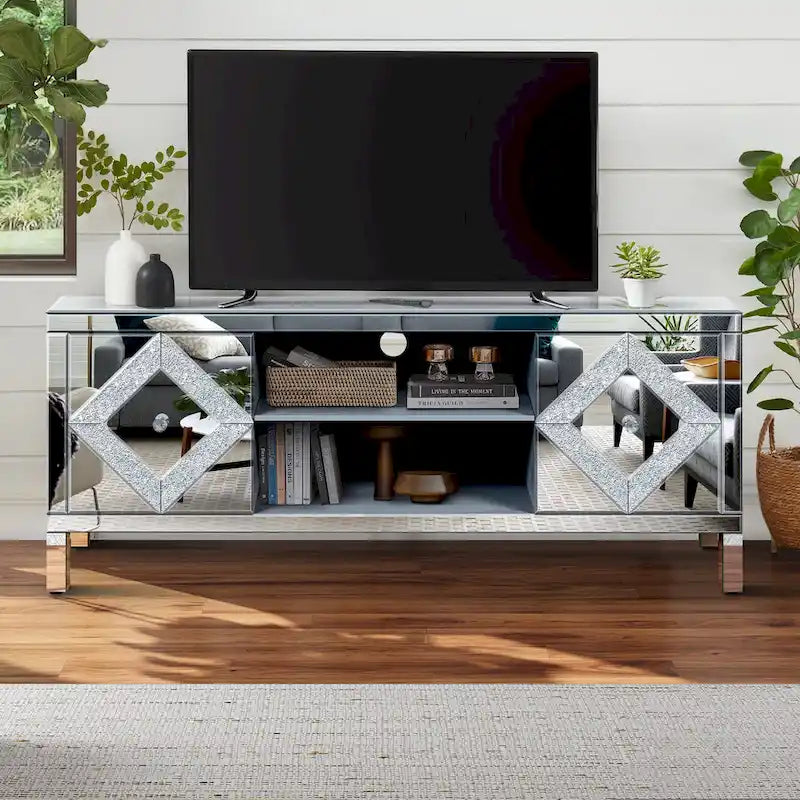 Meuble TV de 150 cm avec portes miroir en losange et rangement pour téléviseurs jusqu'à 65 pouces