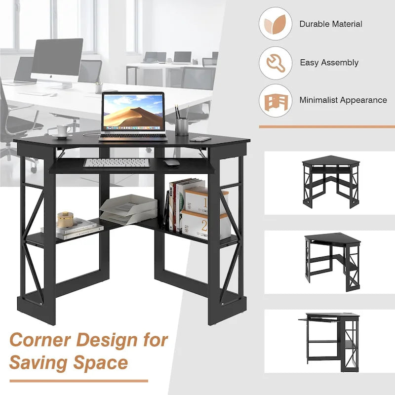 Bureau d'Angle Petit Bureau avec Prises, Table d'Angle pour Petit Espace, Bureau d'Ordinateur avec Ports USB, Bureau Triangle avec Rangement