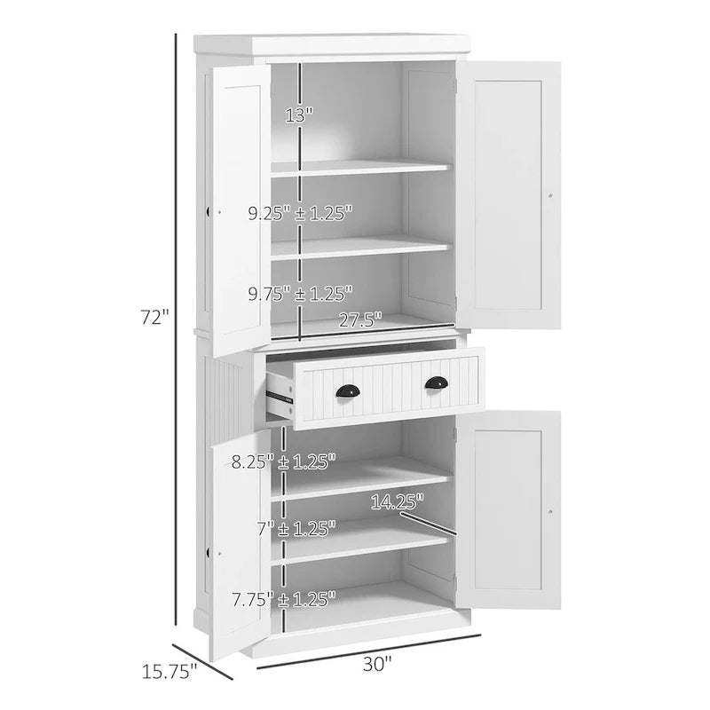 Meuble de rangement de cuisine autoportant traditionnel de 72 pouces avec 4 portes et 3 étagères réglables, grand tiroir central
