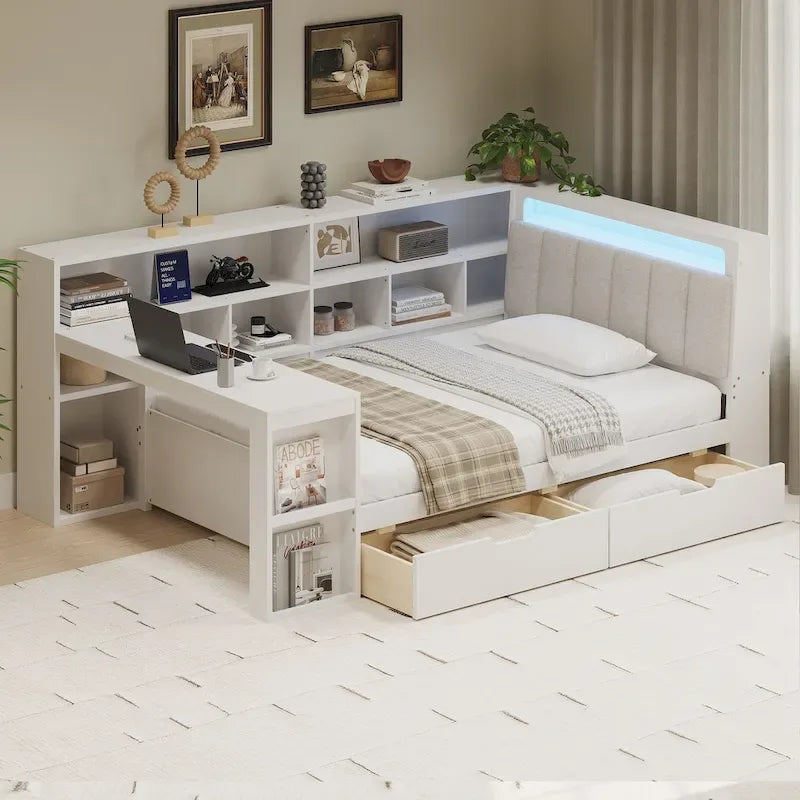 Canapé-lit d'angle en bois en forme de L avec bureau, bibliothèque, lit d'angle avec tiroirs de rangement, tête de lit rembourrée et éclairage intégré