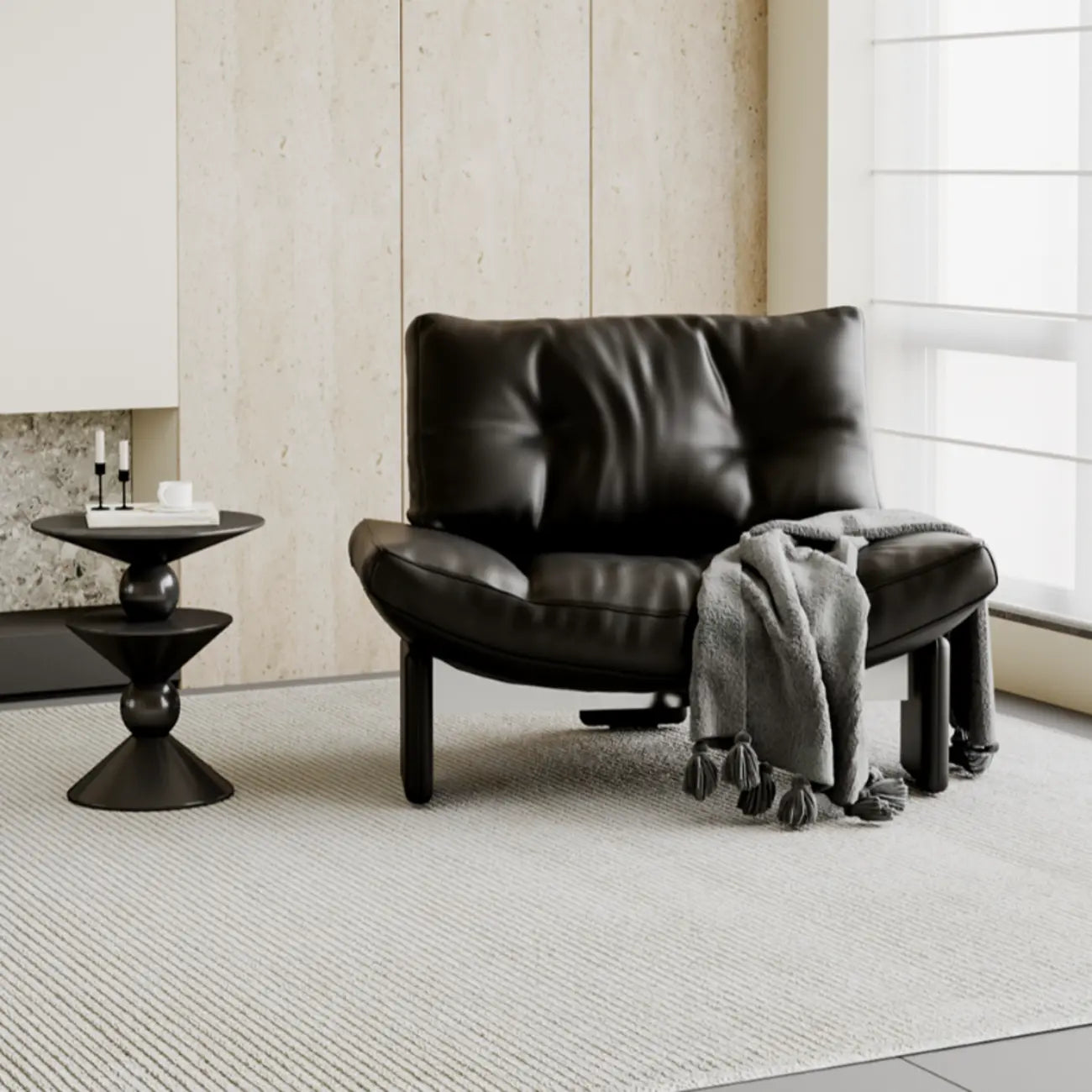 Fauteuil d'appoint contemporain en chenille noire capitonnée sans accoudoirs