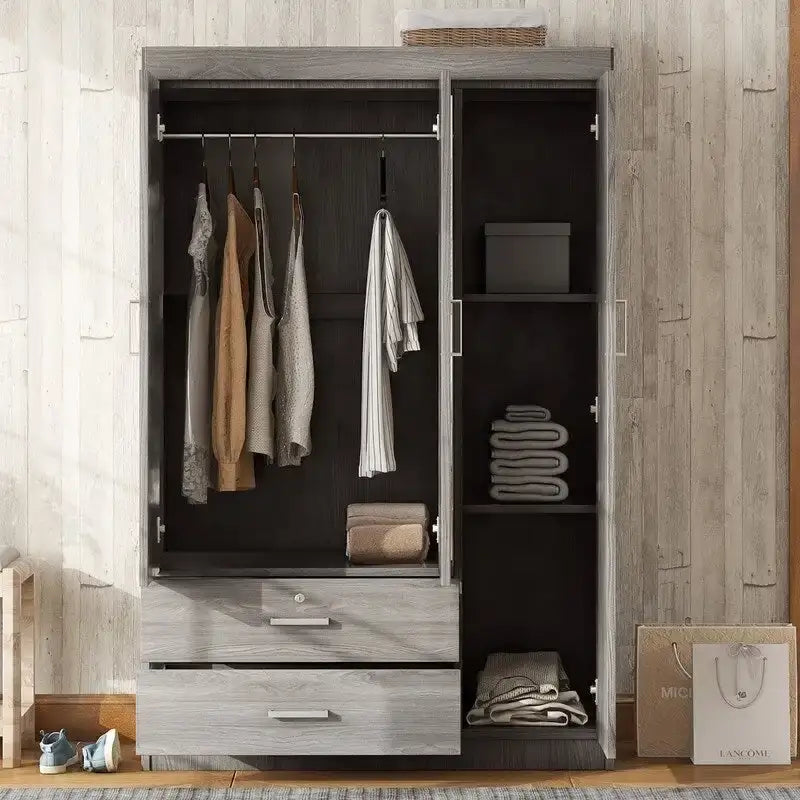 Armoire penderie 3 portes avec miroirs, étagères et 2 tiroirs
