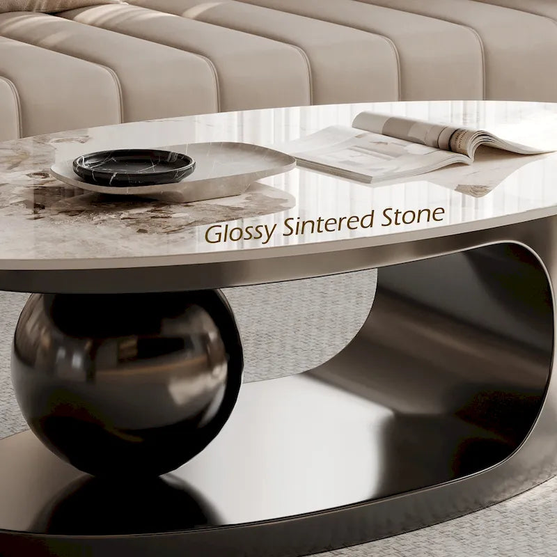Table basse ovale moderne Pandora 51 avec plateau en pierre frittée brillante, table basse de luxe, pieds en acier inoxydable pour salon