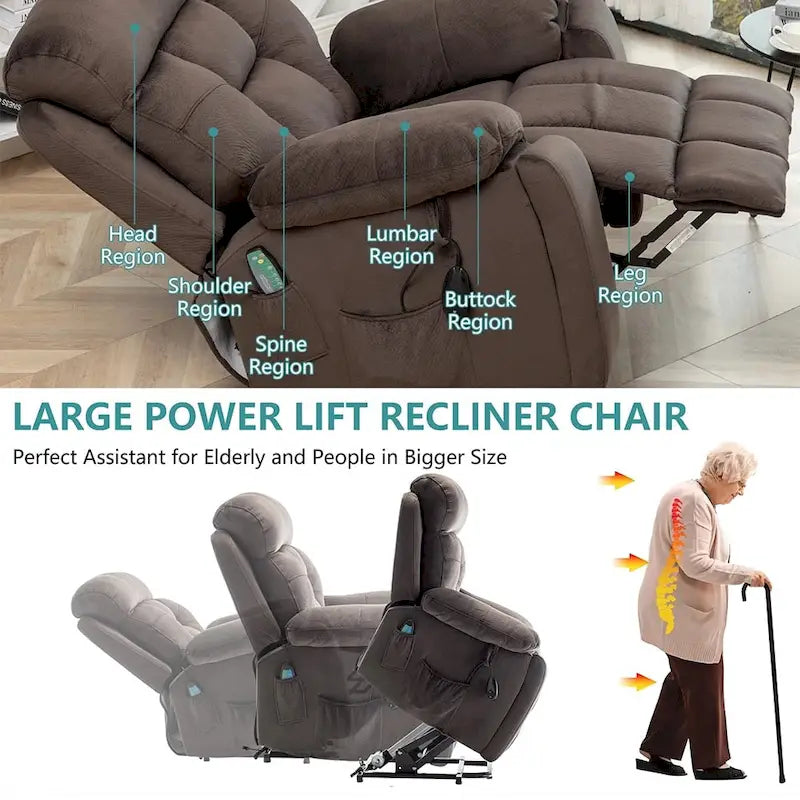 Grand fauteuil inclinable de massage électrique avec fonction de levage, chauffage et porte-gobelet dissimulé
