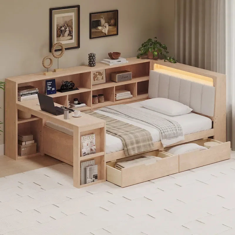 Canapé-lit d'angle en bois en forme de L avec bureau, bibliothèque, lit d'angle avec tiroirs de rangement, tête de lit rembourrée et éclairage intégré