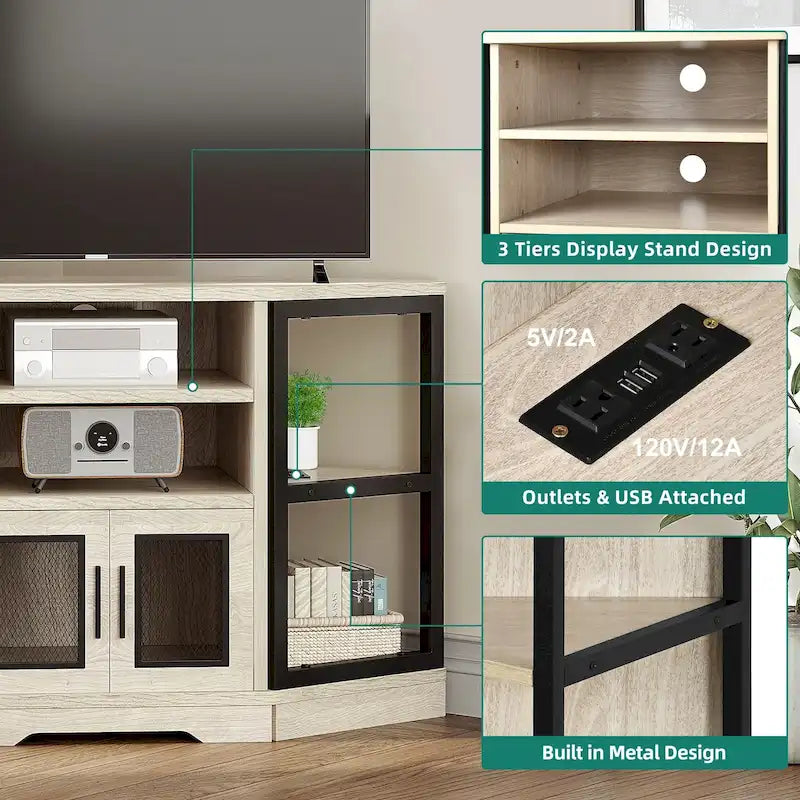 Meuble TV d'angle de ferme, meuble multimédia avec prise de courant pour téléviseurs jusqu'à 55 pouces