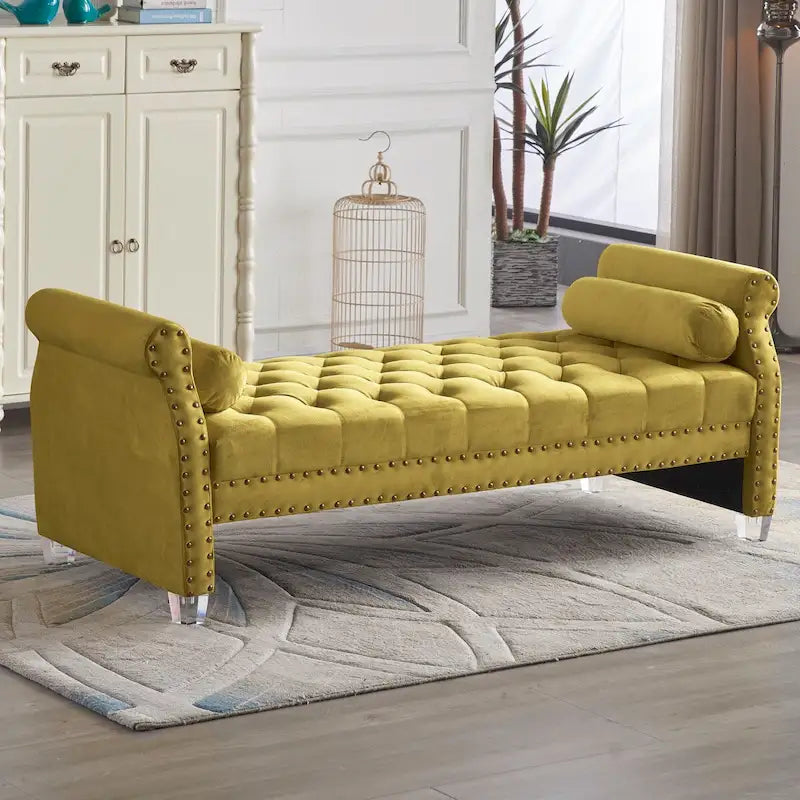 Banc rembourré en velours capitonné surdimensionné avec accoudoirs arrondis de 71 pouces