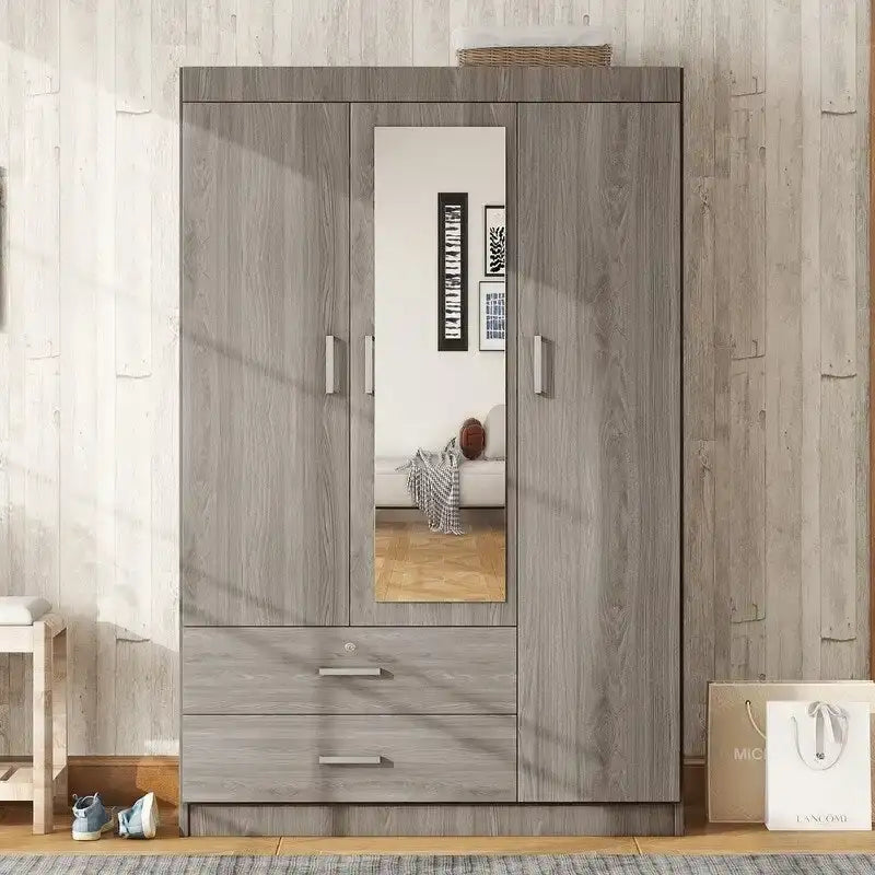 Armoire penderie 3 portes avec miroirs, étagères et 2 tiroirs